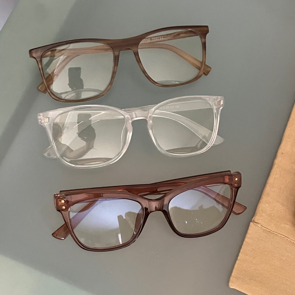 Set of Three Clear and Brown Wayfarer-Style Eyeglasses blue light glasses.